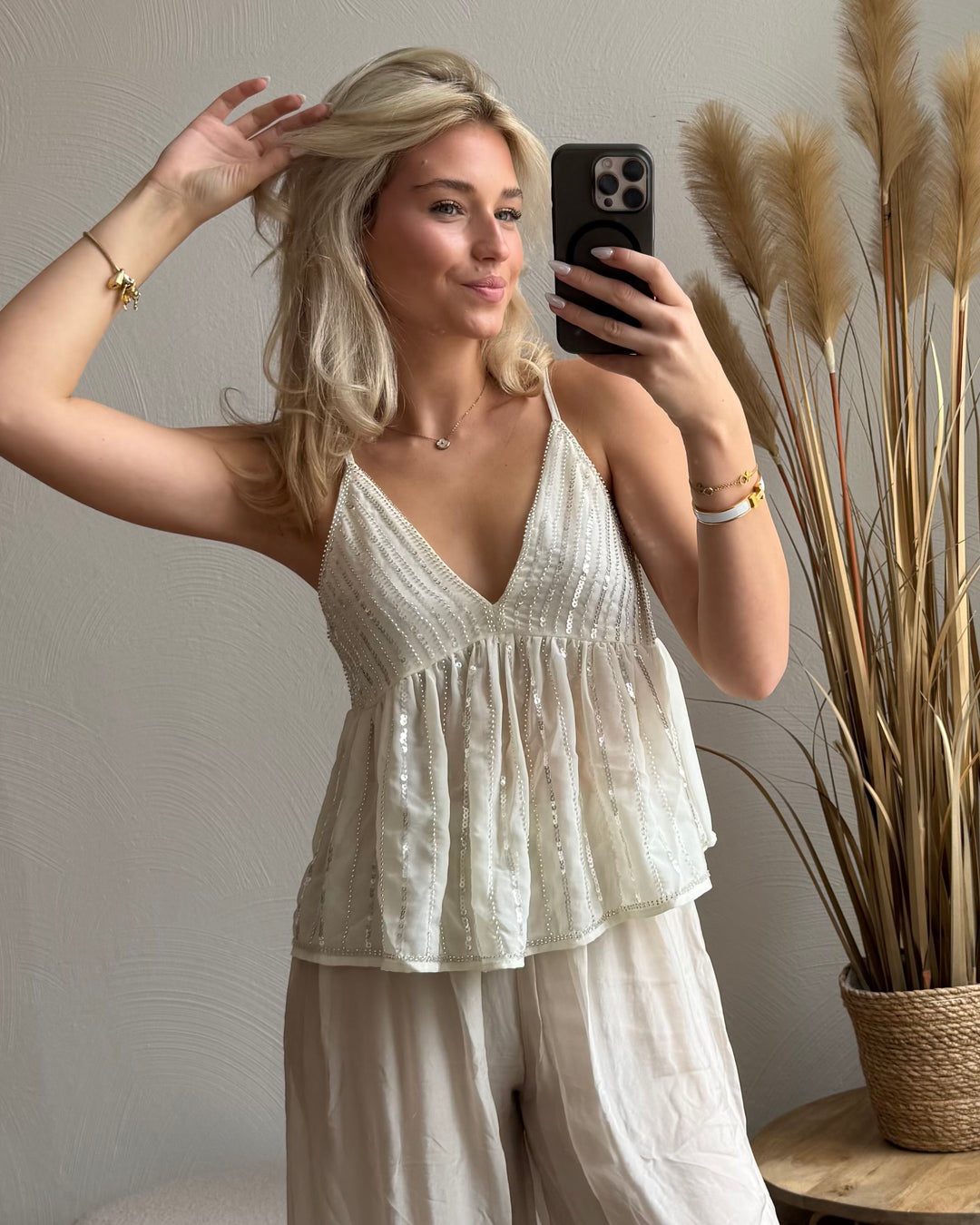 Cremefarbenes Pailletten-Babydoll-Top