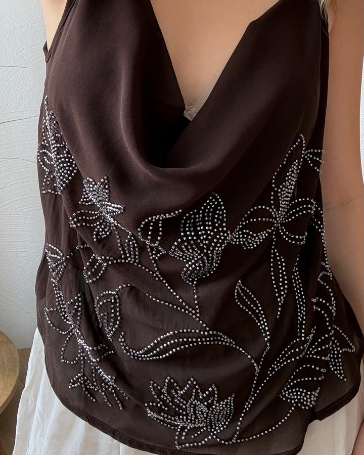 Braunes Cowl-Neck-Top mit Blumenstickerei