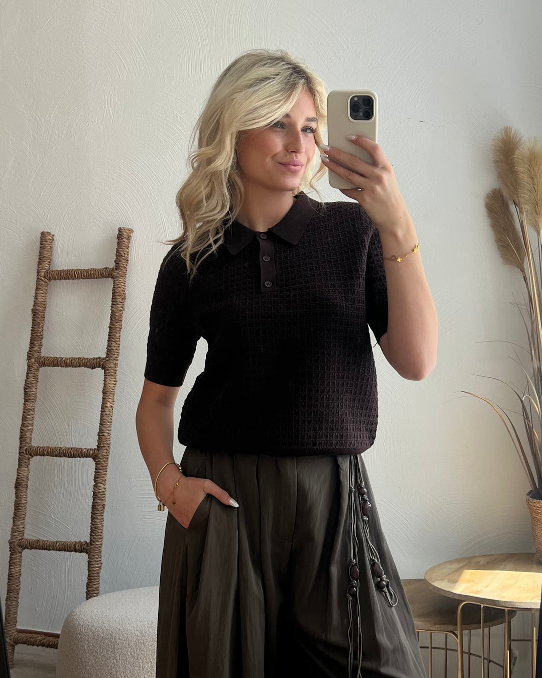 Espresso Strick-Poloshirt