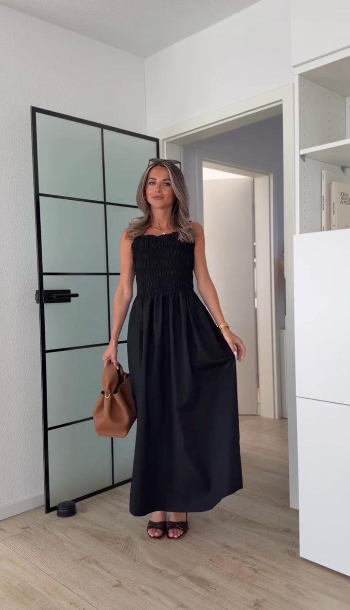 gesmoktes Maxi Kleid (schwarz / weiß)