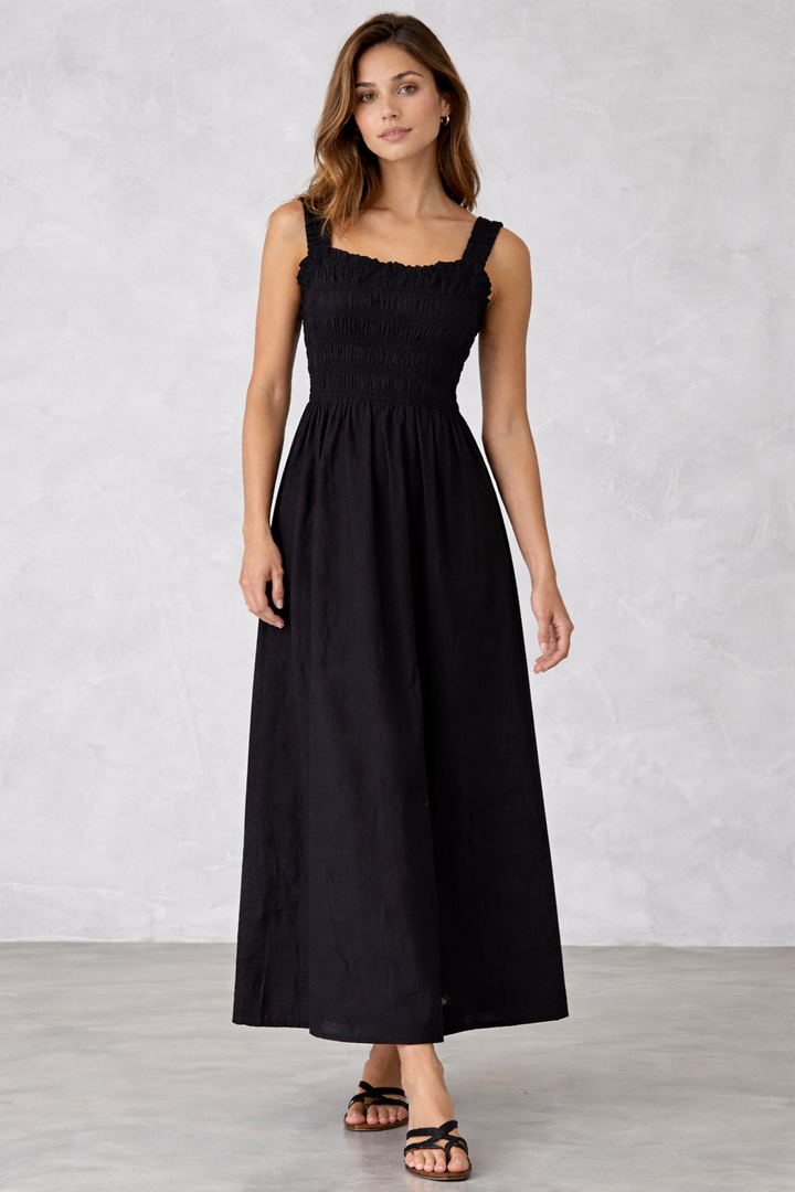 gesmoktes Maxi Kleid (schwarz / weiß)