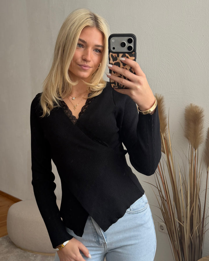 Ripp Wickelshirt mit Spitze