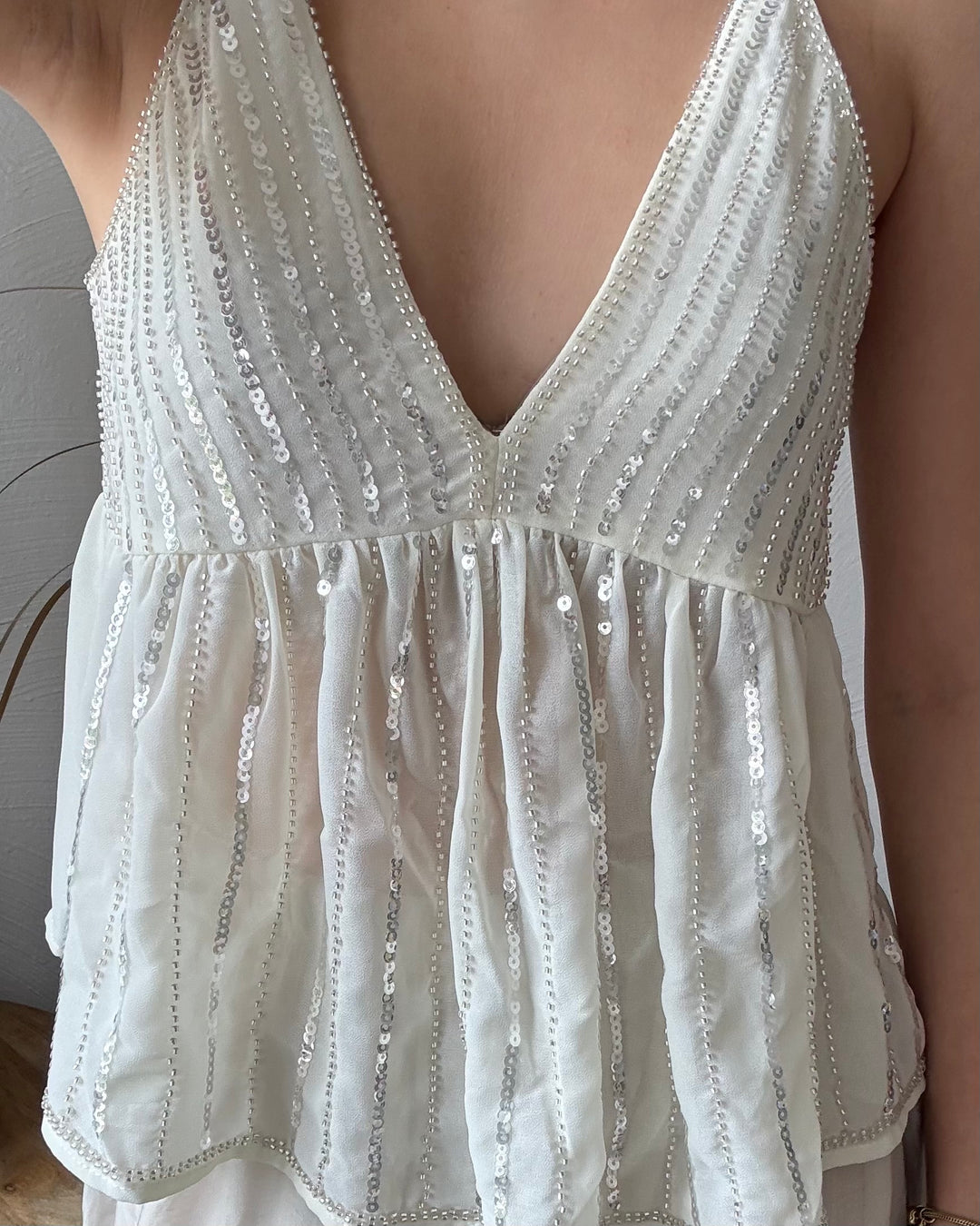 Cremefarbenes Pailletten-Babydoll-Top