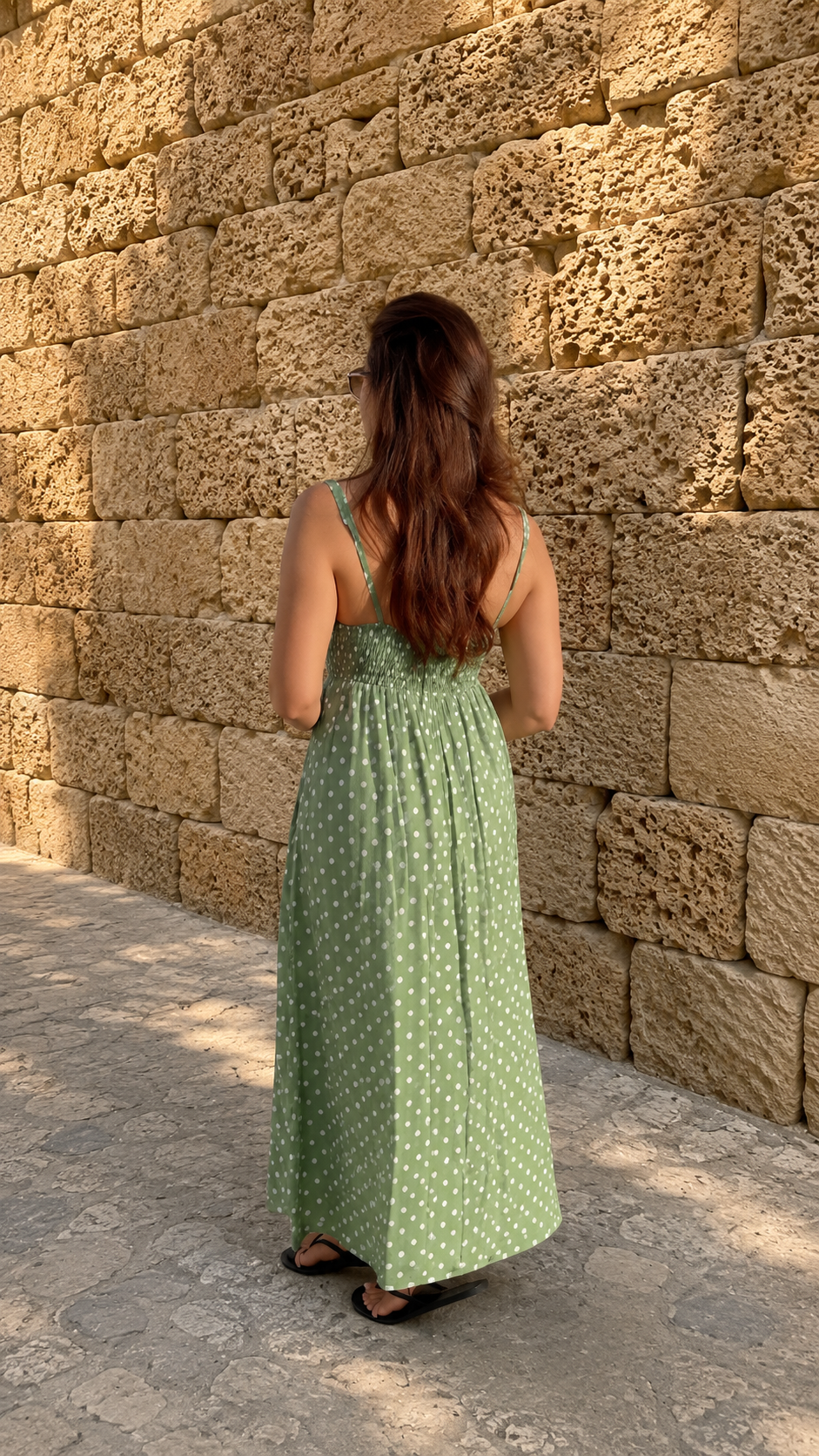 Sage Polka Cotton-Maxi Dress – Green
