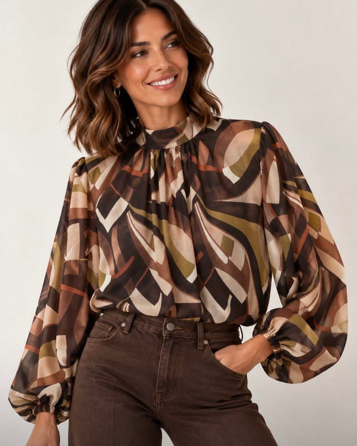 Chiffon-Bluse mit Stehkragen und Ballonärmeln