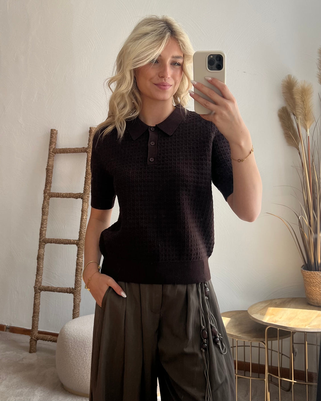 Espresso Strick-Poloshirt