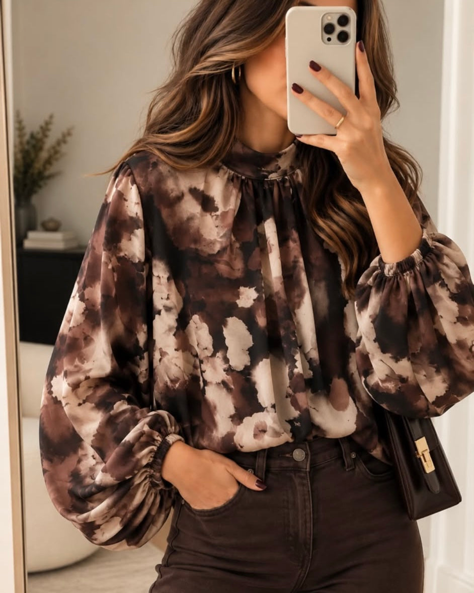 Chiffon-Bluse mit Stehkragen und Ballonärmeln