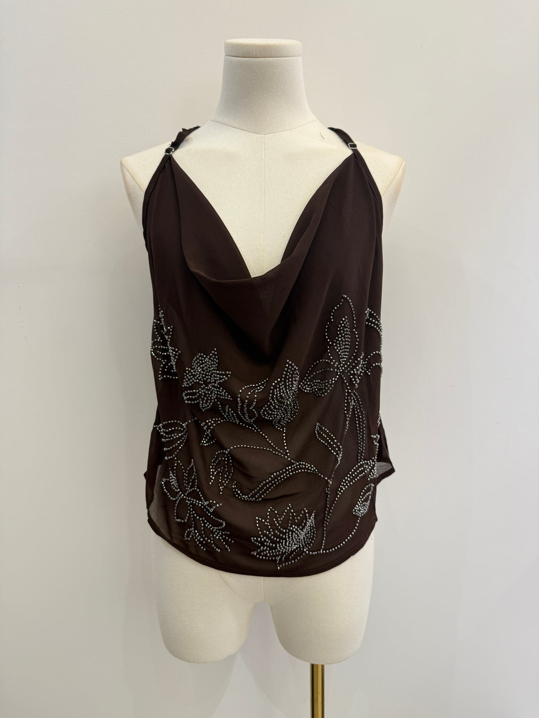 Braunes Cowl-Neck-Top mit Blumenstickerei