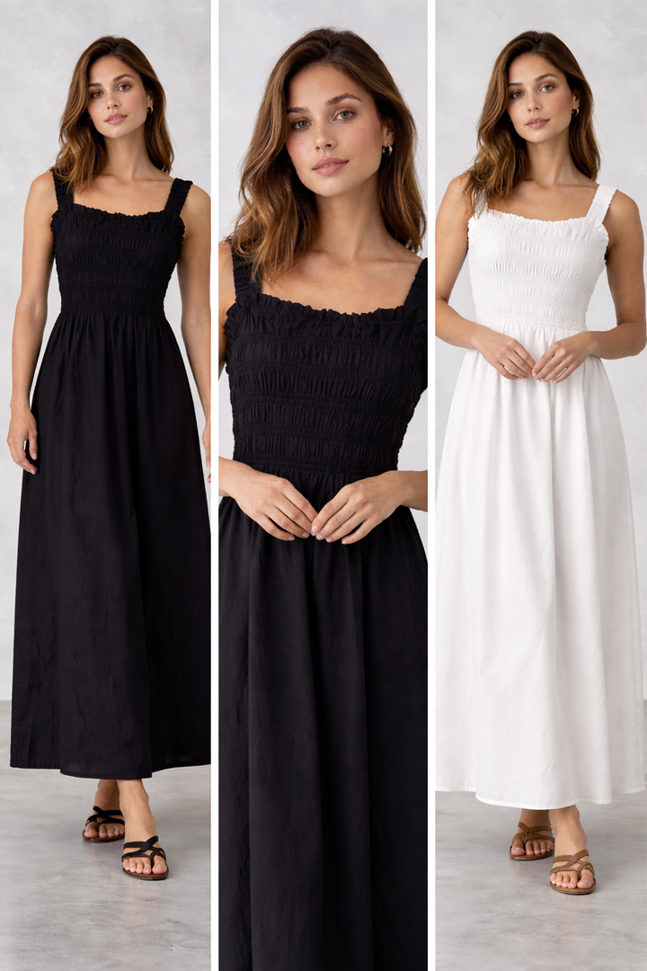 gesmoktes Maxi Kleid (schwarz / weiß)