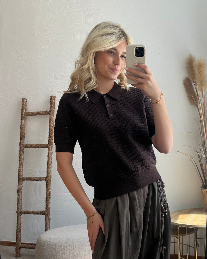 Espresso Strick-Poloshirt