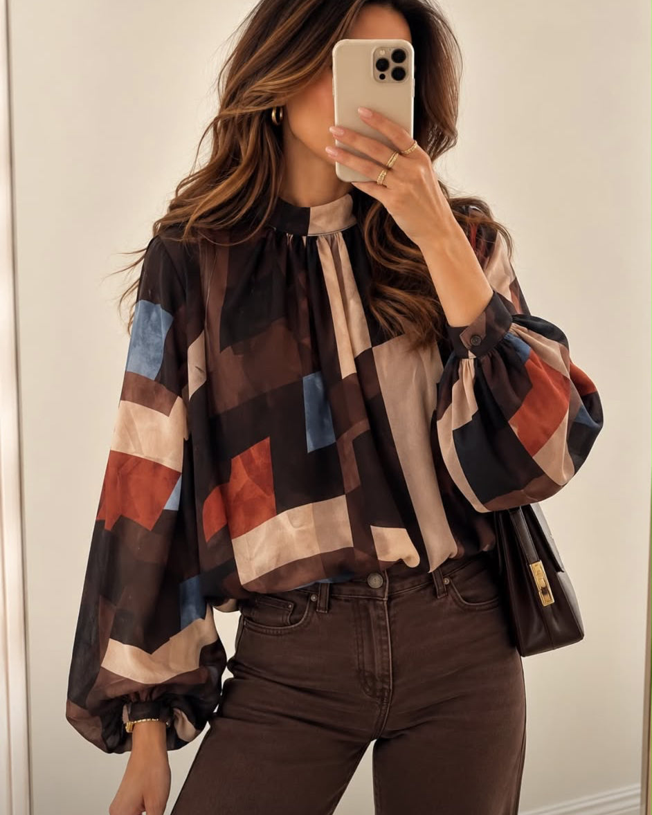 Chiffon-Bluse mit Stehkragen und Ballonärmeln