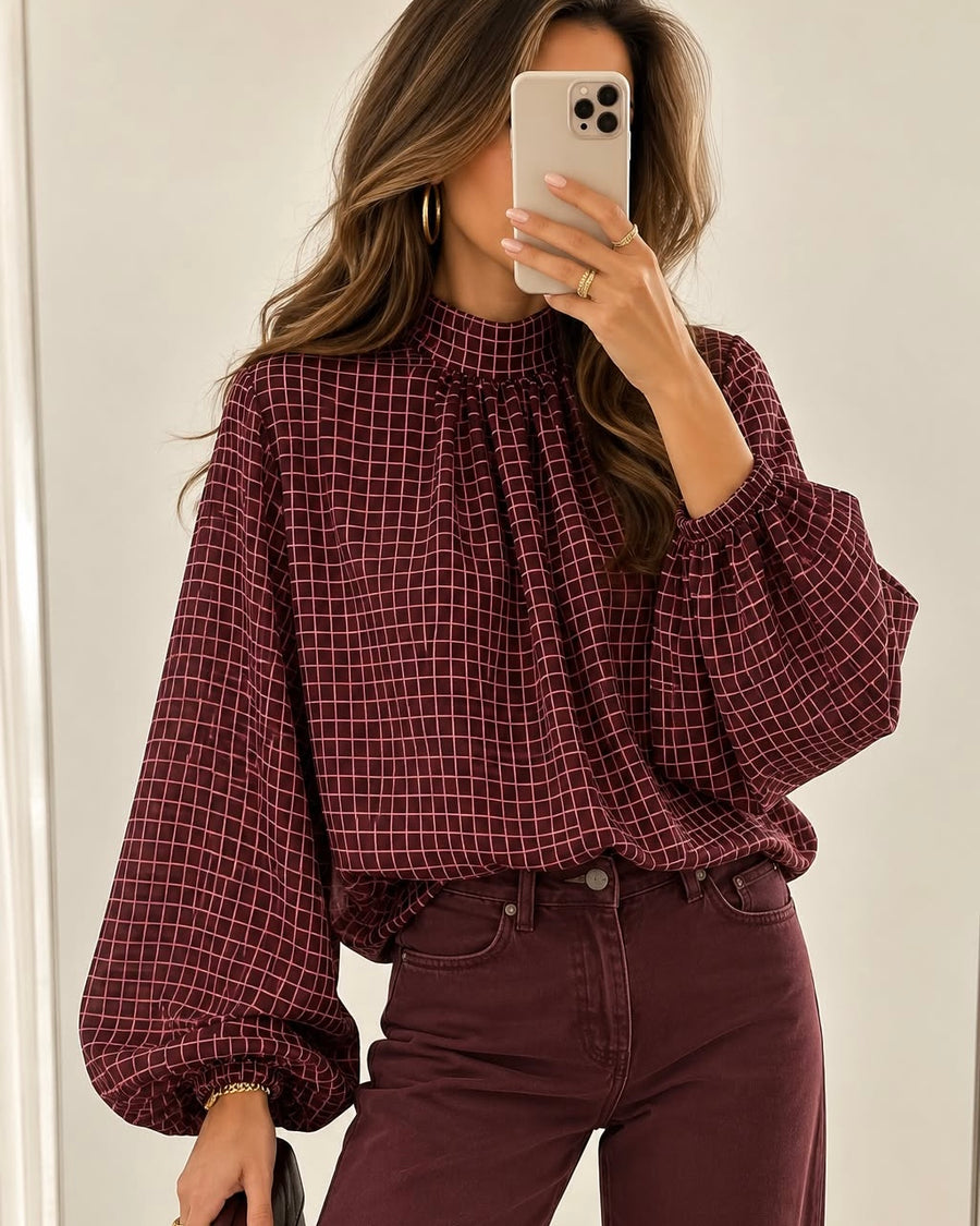 Chiffon-Bluse mit Stehkragen und Ballonärmeln