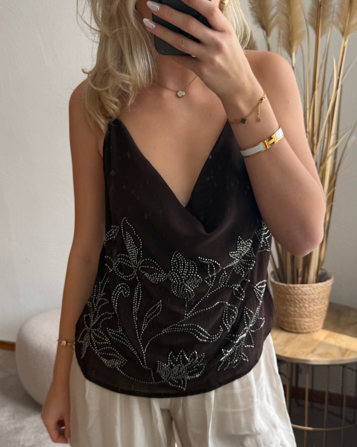 Braunes Cowl-Neck-Top mit Blumenstickerei