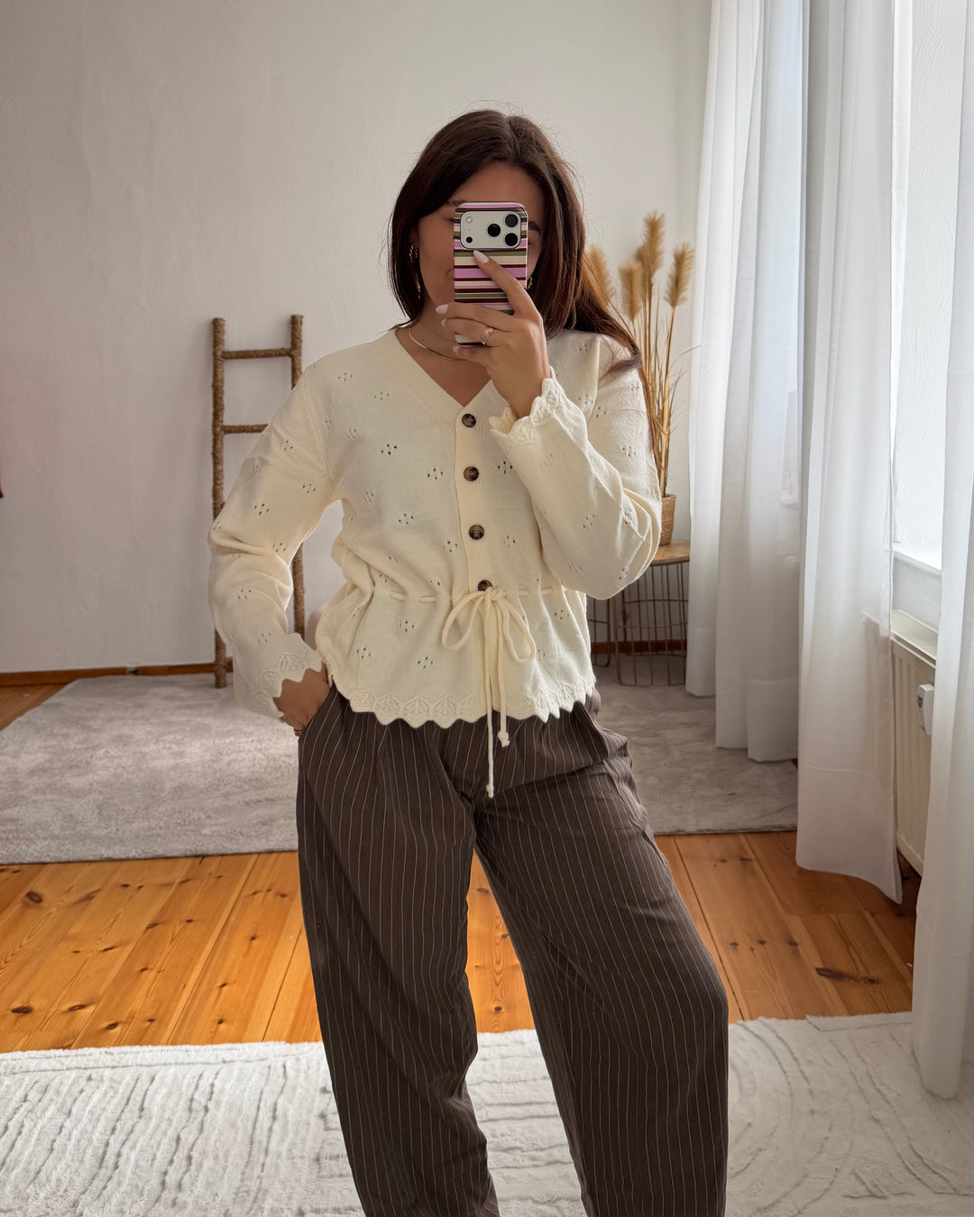 Pointelle-Strickjacke mit Taillenband