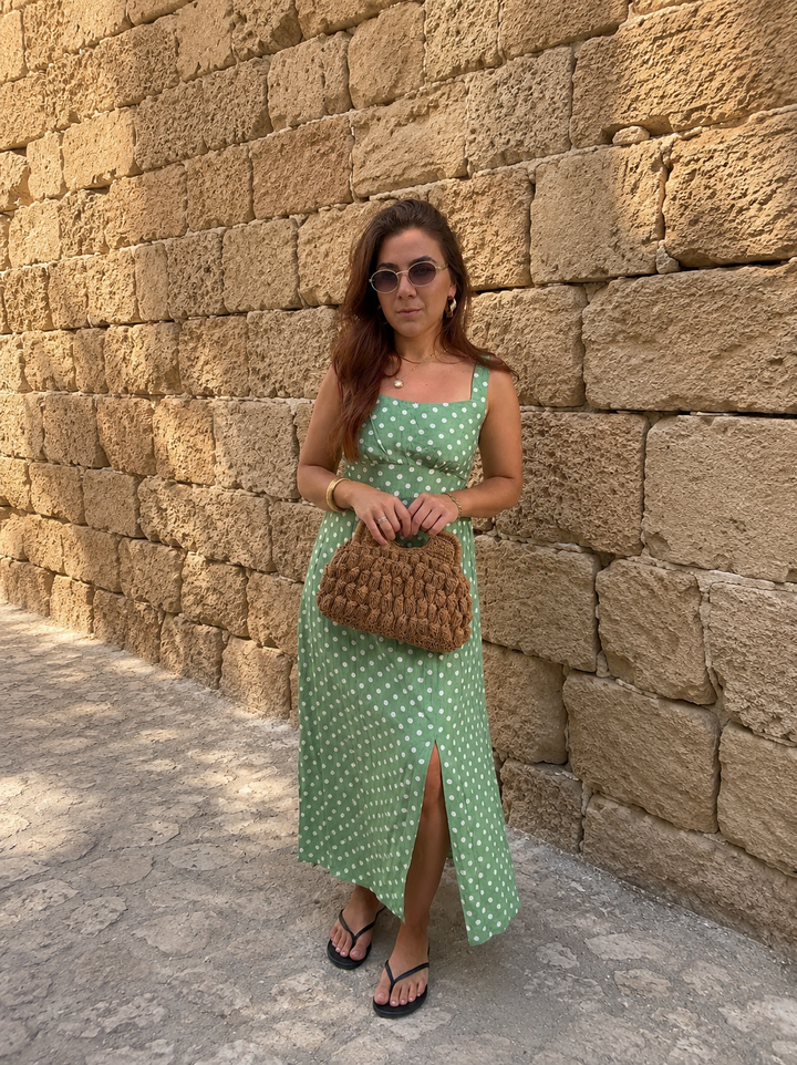 Sage Polka Cotton-Maxi Dress – Green