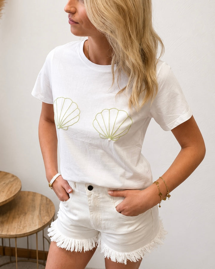 Weißes Shell-Shirt mit Perlen-Applikation