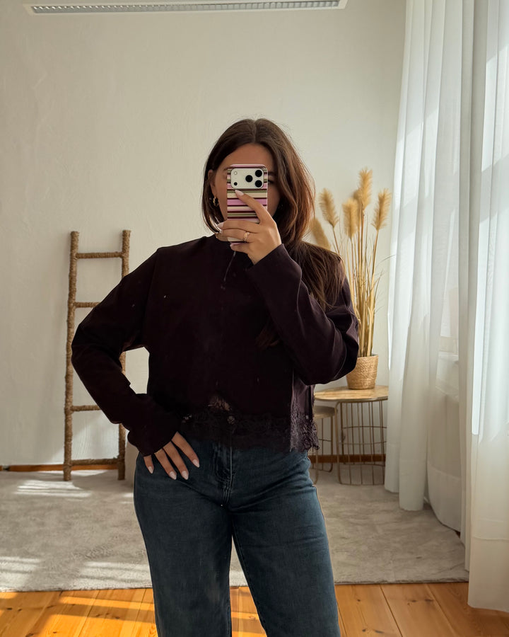 Cropped Sweatshirt mit Spitzensaum