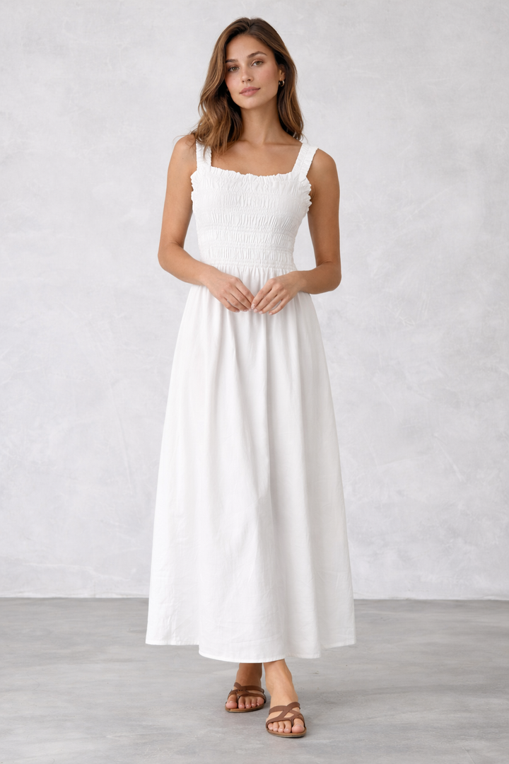 gesmoktes Maxi Kleid (schwarz / weiß)
