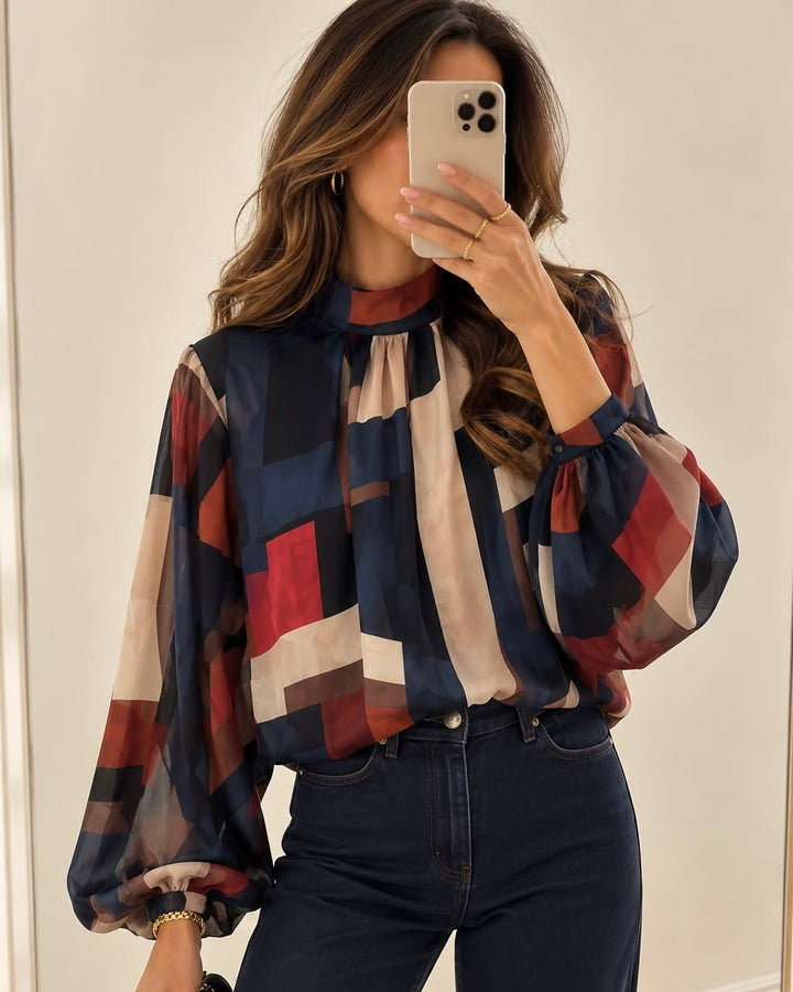 Chiffon-Bluse mit Stehkragen und Ballonärmeln