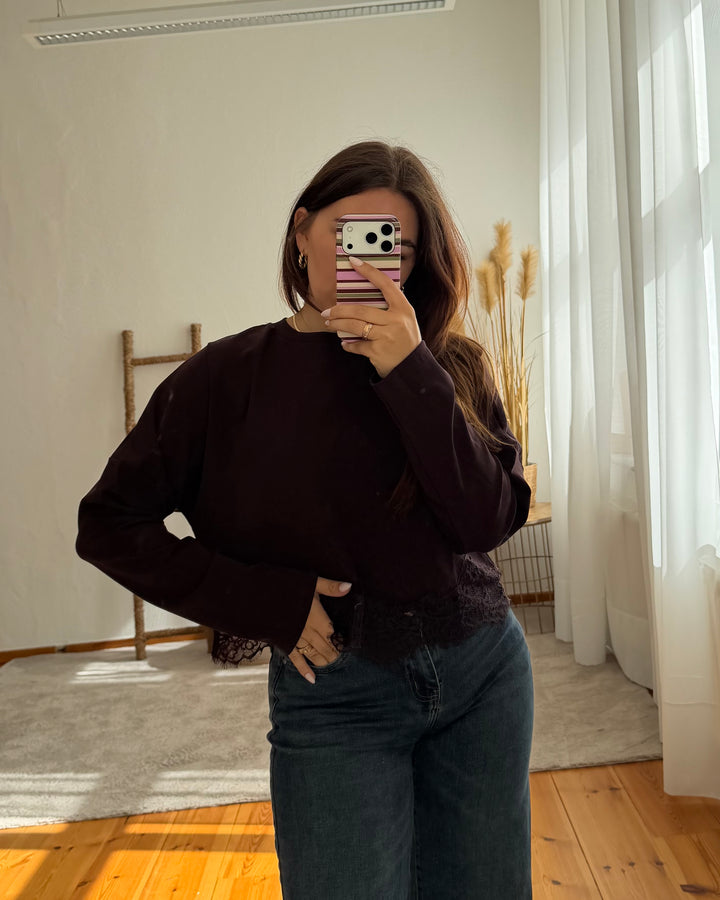 Cropped Sweatshirt mit Spitzensaum