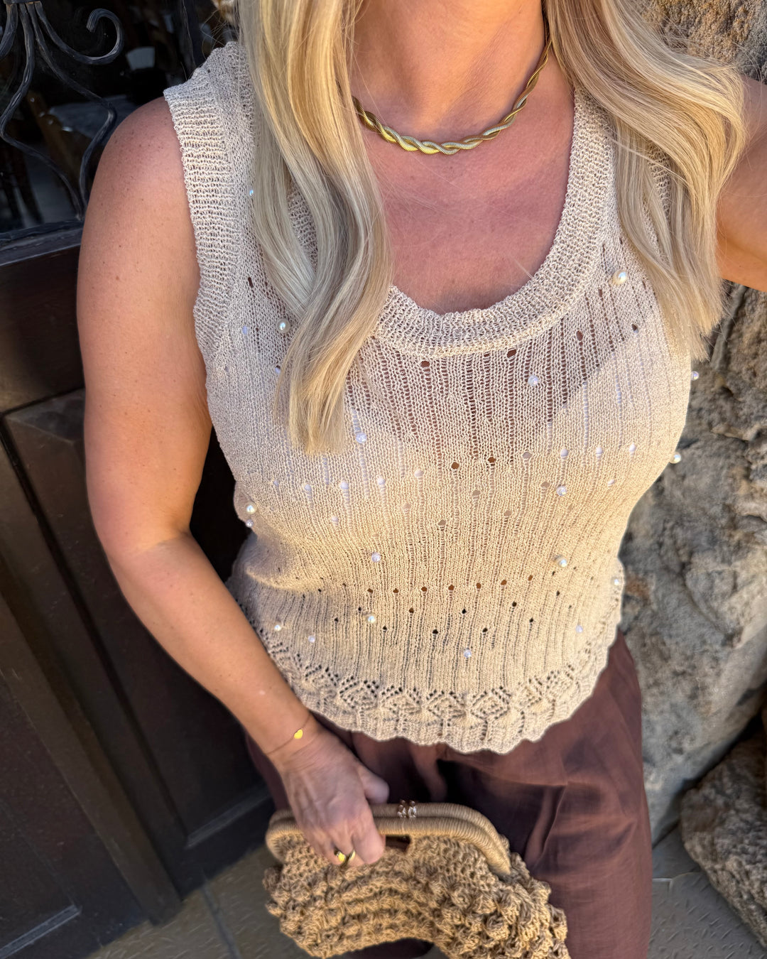 Openwork Knit Top – Sand Pearl