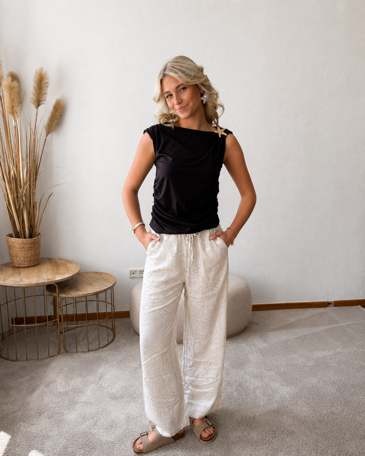 Wide Leg Hose Creme Palmen Print – Jacquard Sommerhose