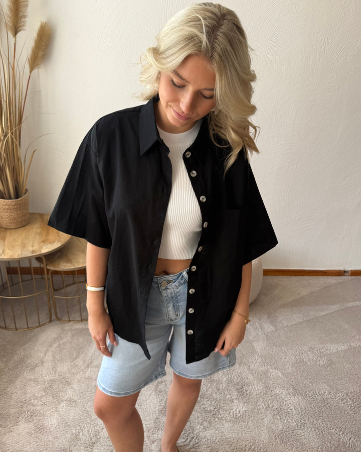 Oversized Kurzarm Hemd Damen – Lässiges Sommerhemd mit Perlmutt Knöpfen