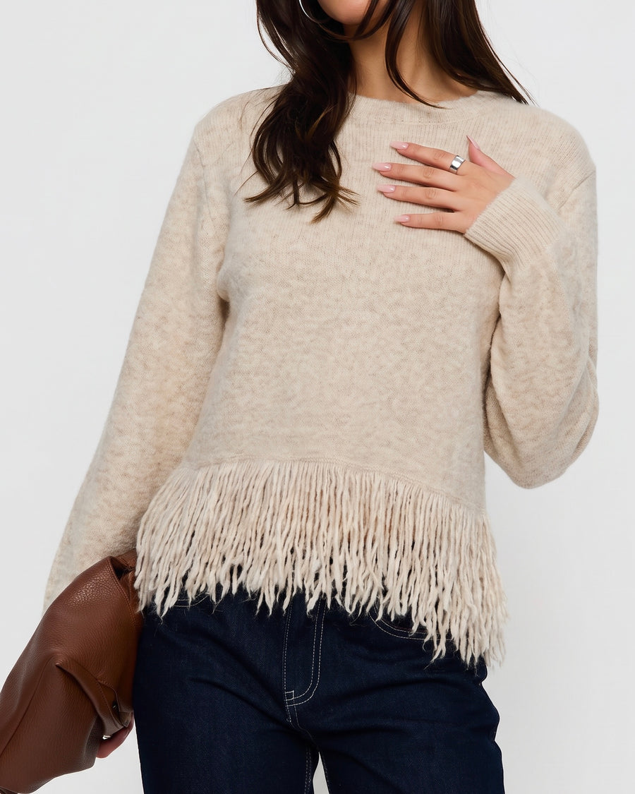 Strickpullover mit Fransensaum in Beige