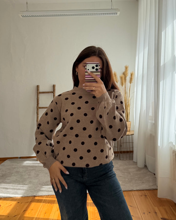 Punkte-Strickpullover mit Rückenschleife