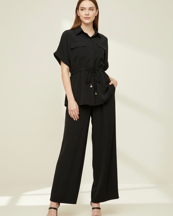 Bluse & Wide-Leg Hose Set Schwarz