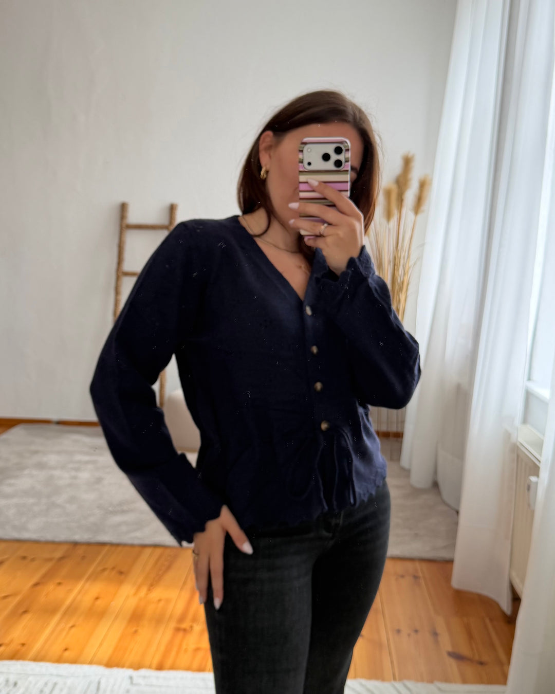 Pointelle-Strickjacke mit Taillenband