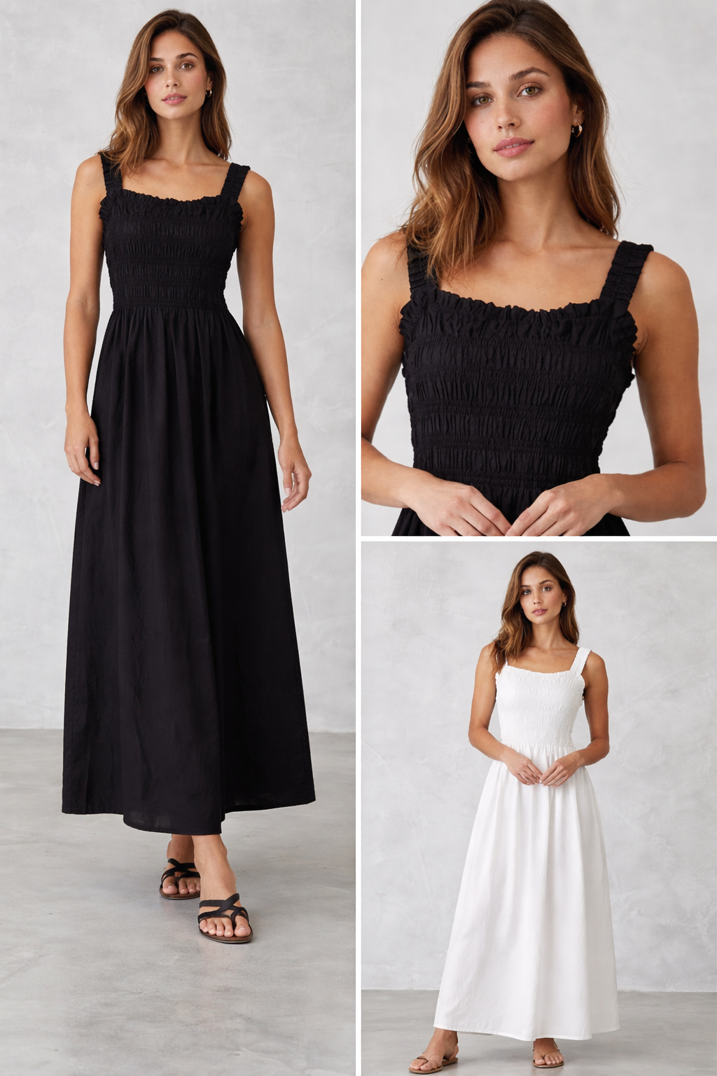 gesmoktes Maxi Kleid (schwarz / weiß)