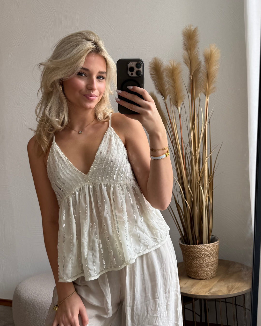 Cremefarbenes Pailletten-Babydoll-Top