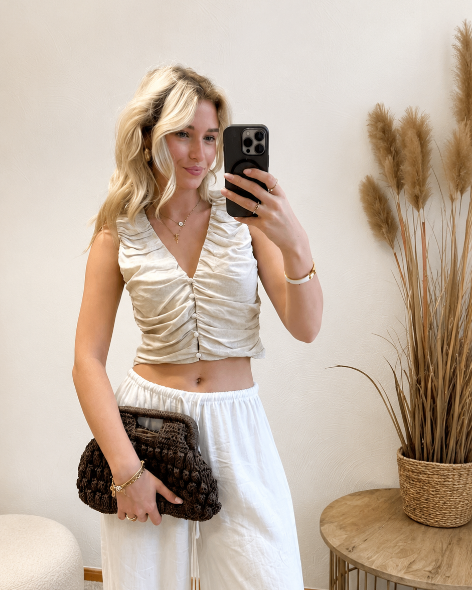 Geraffte Crop Leinenweste – Figurbetontes Sommertop