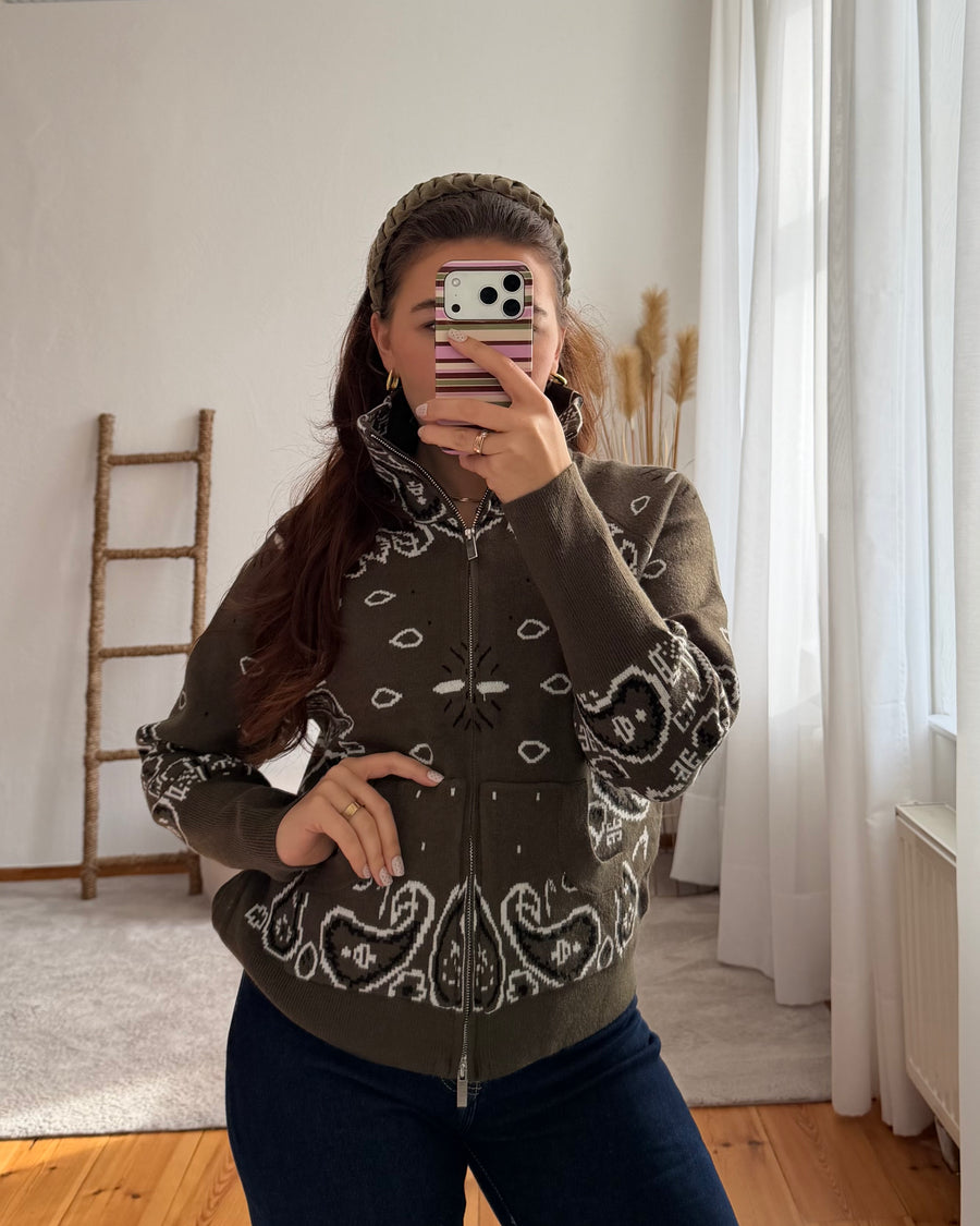 Paisley-Strickjacke mit Zipper in Oliv