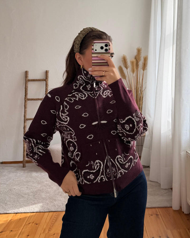 Paisley-Strickjacke mit Zipper in Bordeaux