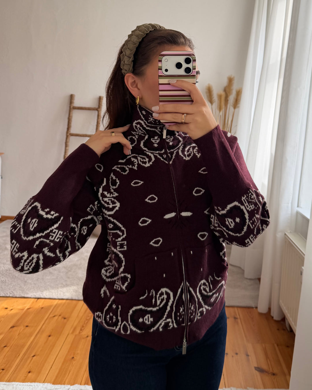 Paisley-Strickjacke mit Zipper in Bordeaux