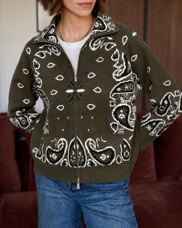 Paisley-Strickjacke mit Zipper in Oliv