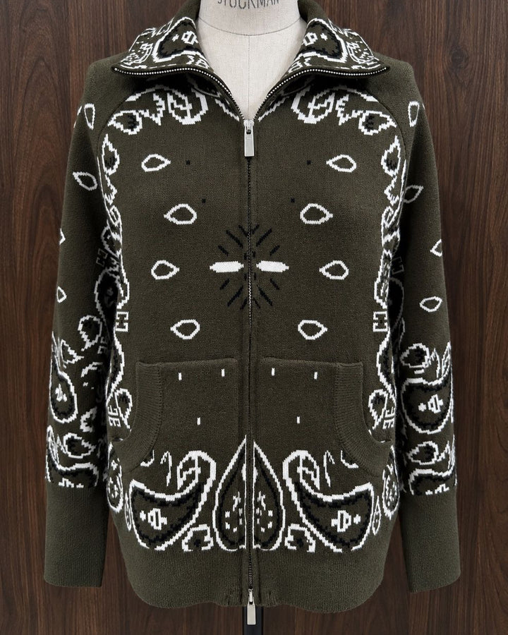 Paisley-Strickjacke mit Zipper in Oliv