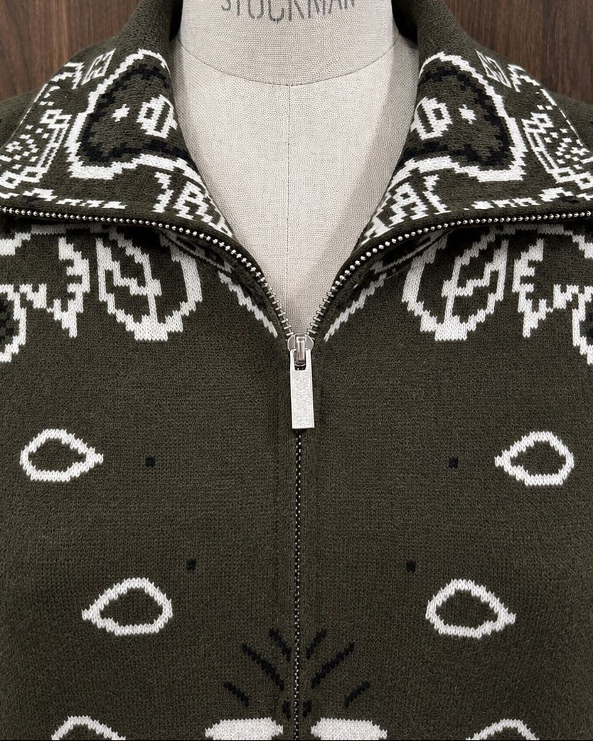 Paisley-Strickjacke mit Zipper in Oliv