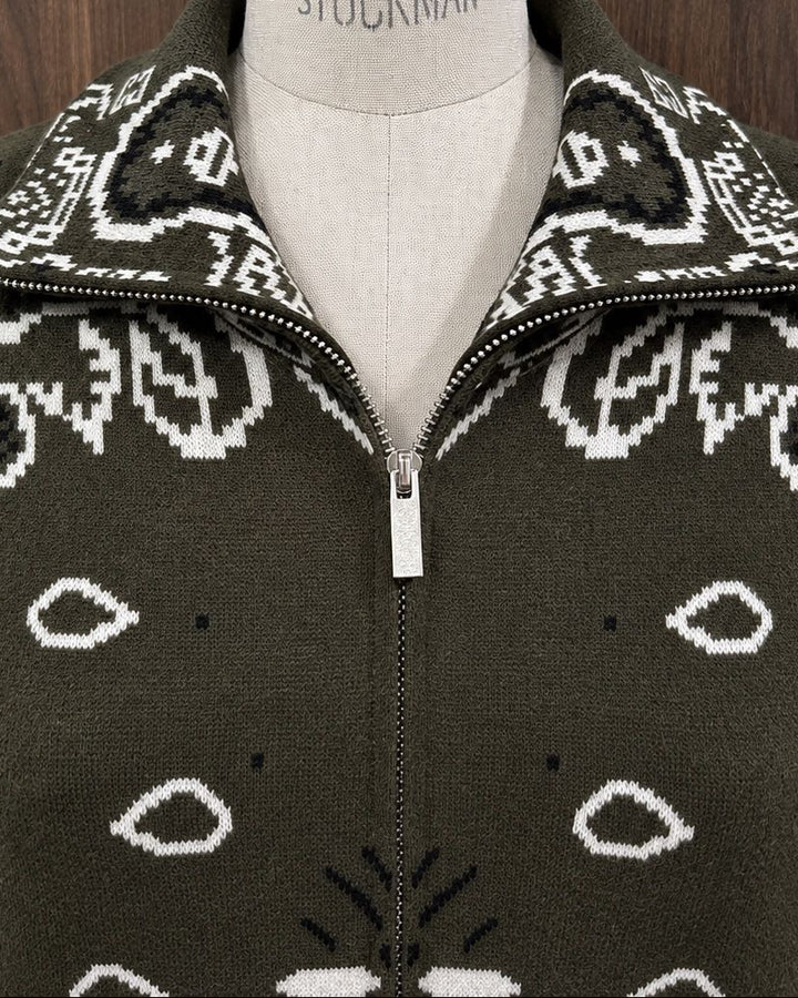 Paisley-Strickjacke mit Zipper in Oliv