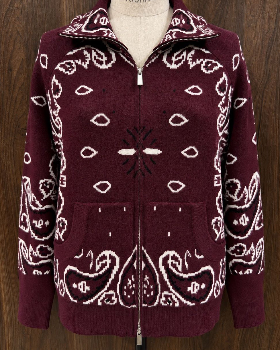 Paisley-Strickjacke mit Zipper in Bordeaux
