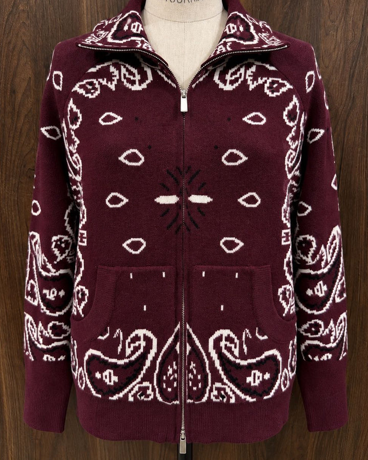 Paisley-Strickjacke mit Zipper in Bordeaux